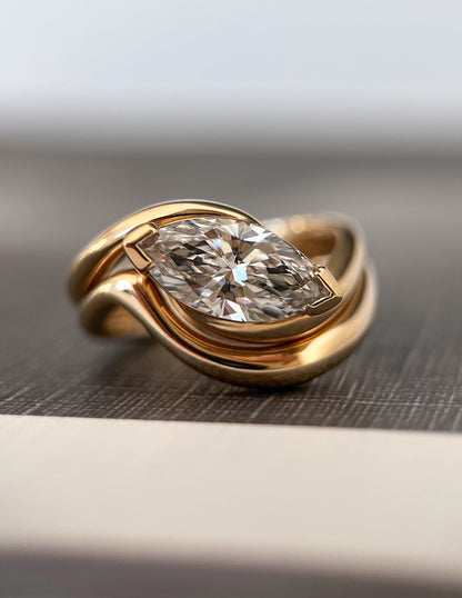 1.5 CT East-West Marquise Moissanite Engagement Ring with Plain Stacking Band