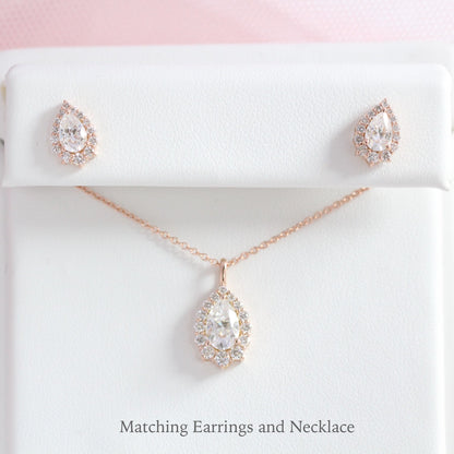 1.17 CT Pear Halo Moissanite Diamond Necklace in Solid Gold