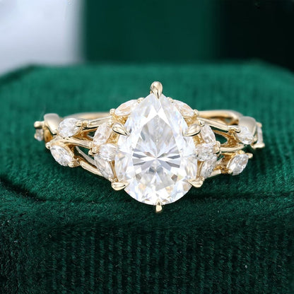 2.05 CT Pear Shaped Floral Moissanite Engagement Ring