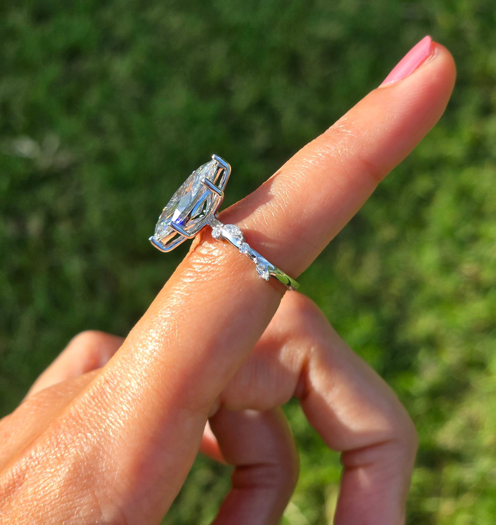 Marquise Shaped Three Stone Lab Grown Diamond Engagement Ring