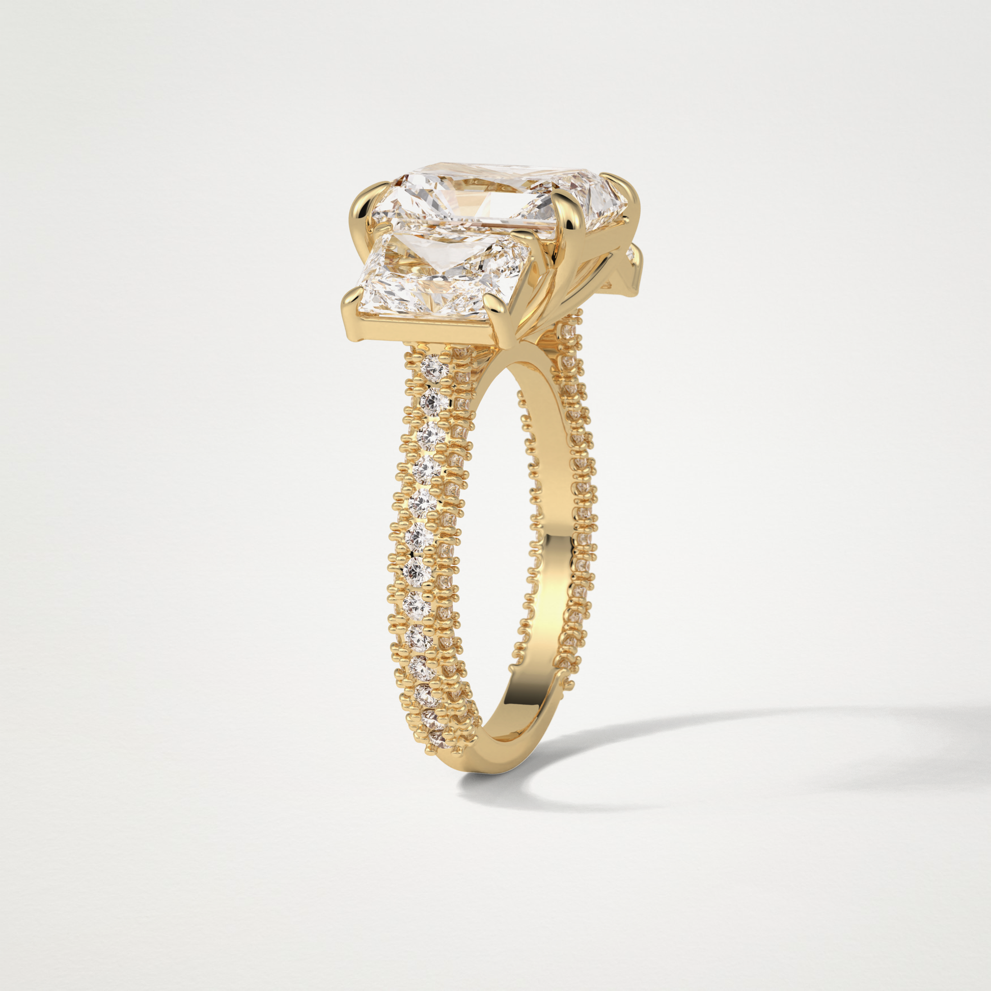 Radiant 3 Stone & Pave Moissanite Engagement Ring – 3.51 CT Lab-Created Brilliance in 10K/14K/18K Gold