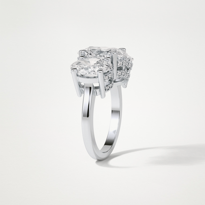 Oval Double Hidden Halo & 3 Stone Moissanite Engagement Ring – 2.35 CT Lab-Created Brilliance in 10K/14K/18K Gold