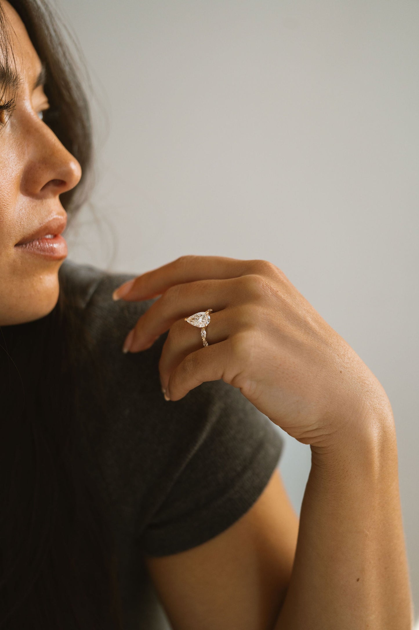 Marquise Shaped Three Stone Lab Grown Diamond Engagement Ring