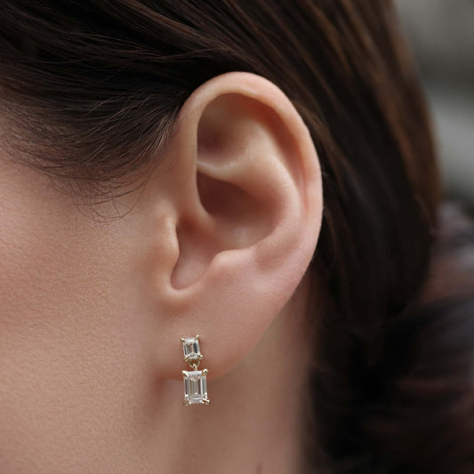 1.2 TCW Emerald Cut Moissanite Dangles Earrings in Gold