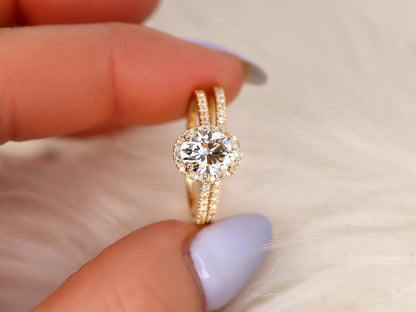 1.5 CT Oval Cut Halo & Pave Moissanite Bridal Ring Set
