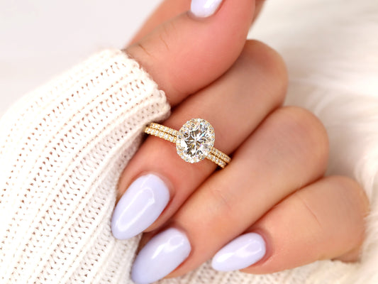 1.5 CT Oval Cut Halo & Pave Moissanite Bridal Ring Set