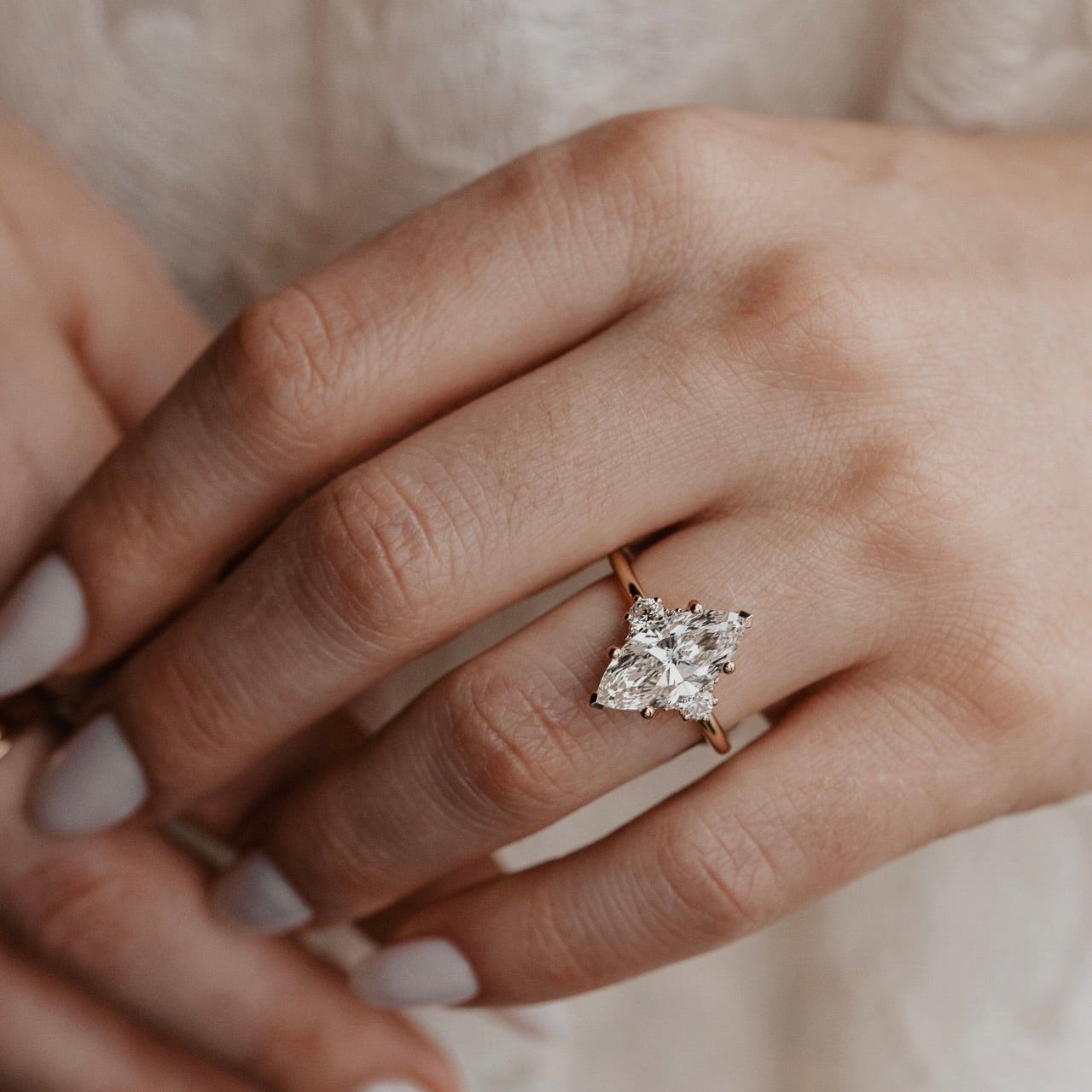 Marquise Shaped Three Stone Lab Grown Diamond Engagement Ring