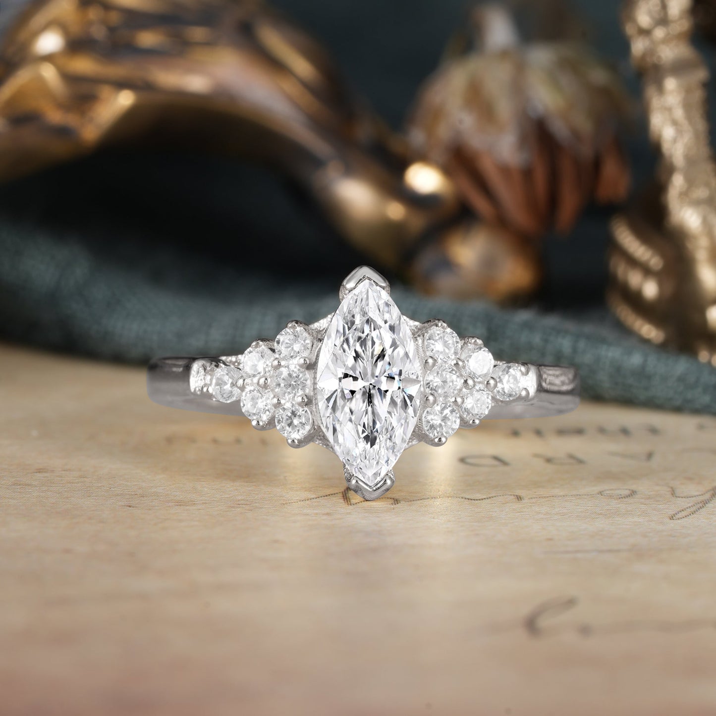 Marquise Shaped Three Stone Lab Grown Diamond Engagement Ring