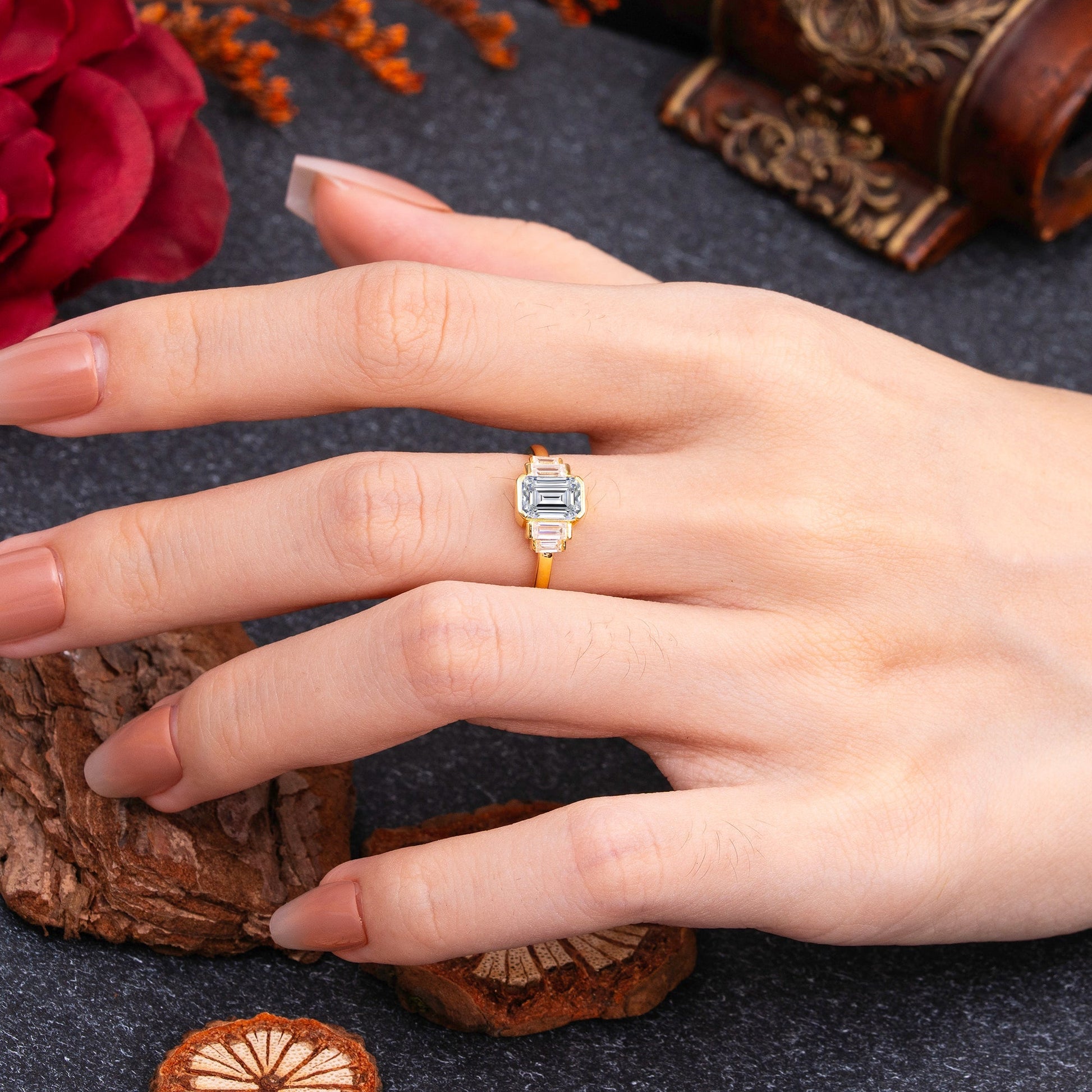Marquise Shaped Three Stone Lab Grown Diamond Engagement Ring