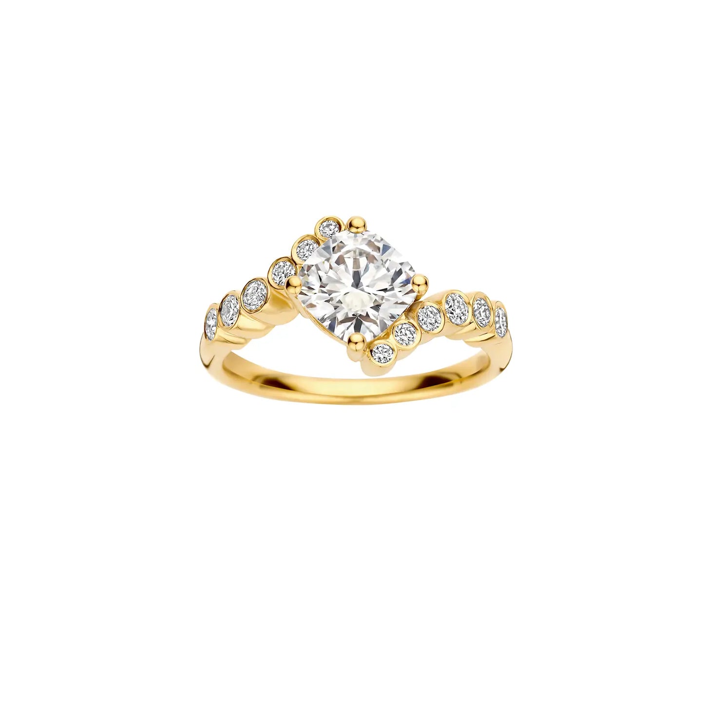 Timeless 1.5 CT Cushion Cut Swirl Bezel Pave Moissanite Diamond Engagement Ring