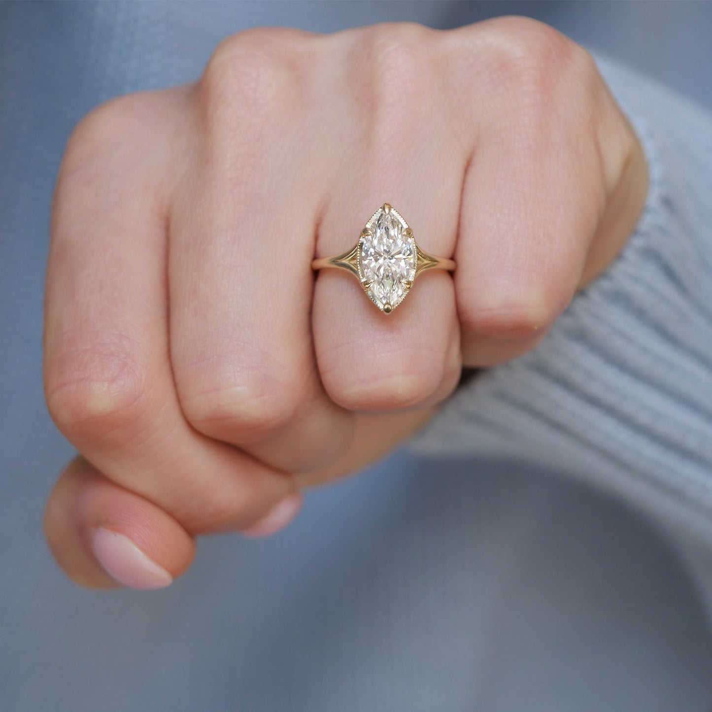 Marquise Shaped Three Stone Lab Grown Diamond Engagement Ring