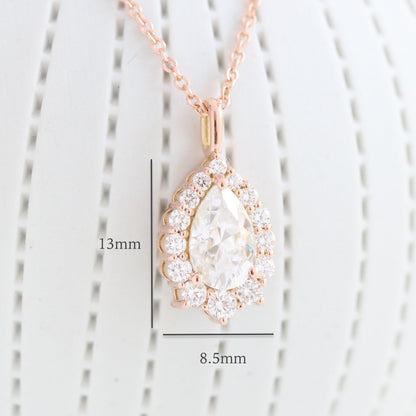 1.17 CT Pear Halo Moissanite Diamond Necklace in Solid Gold