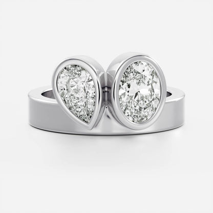 Stunning 1.5-2.5 CT Pear & Oval Moissanite Engagement Ring with Bezel with Two Stone Design