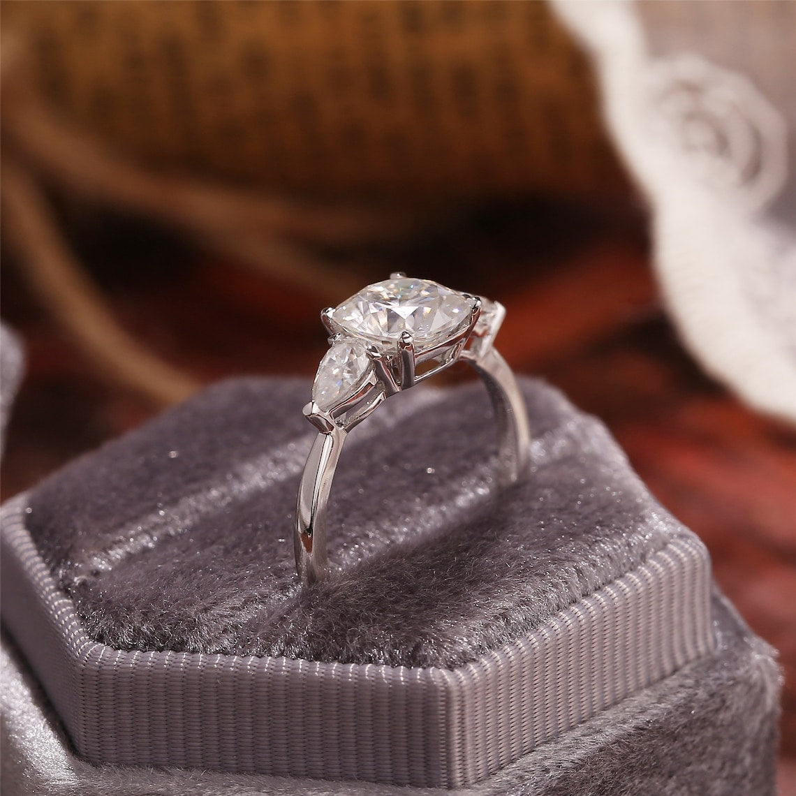 Stunning 1.0 CT Cushion Cut Moissanite Engagement Ring with Three Stone Design 2