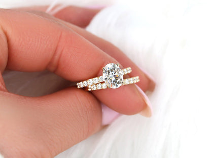 2 CT Oval Cut Bubble Halo & Pave Moissanite Bridal Ring Set
