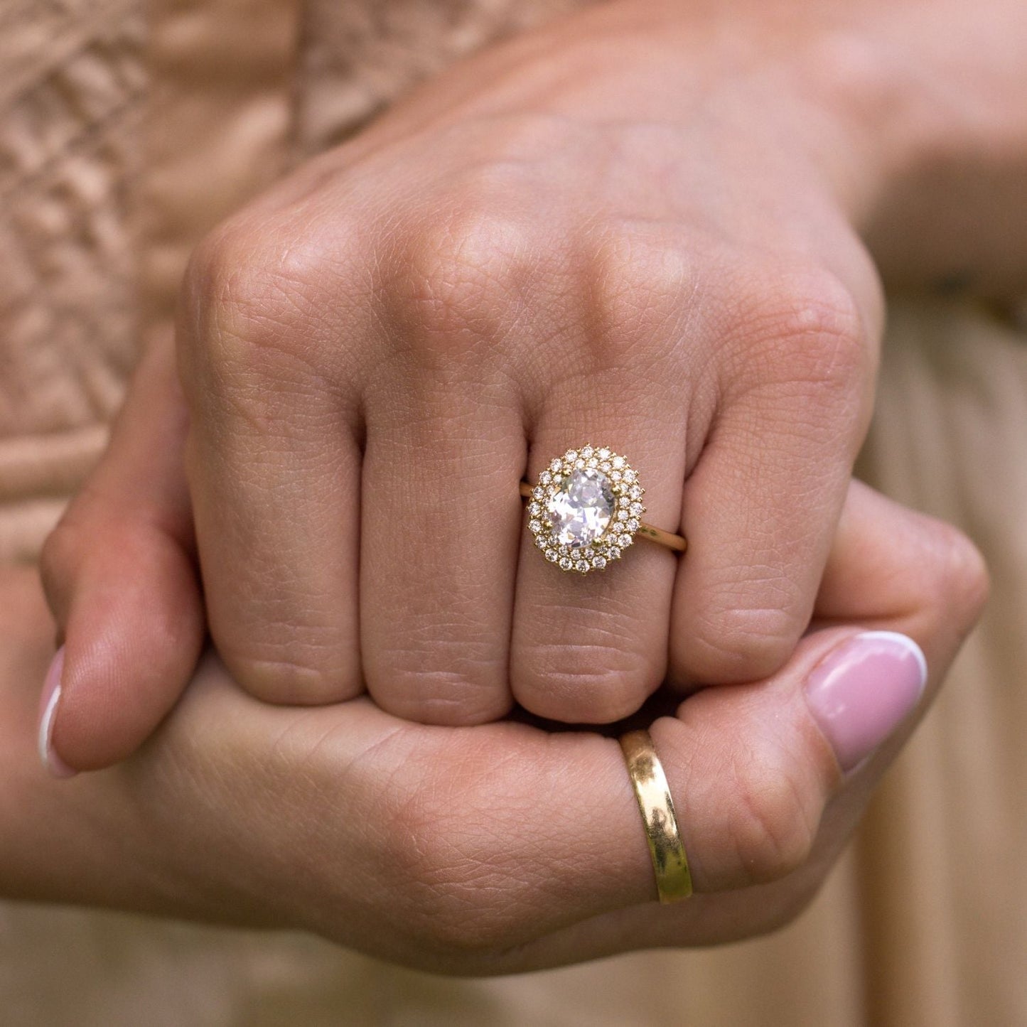 0.7 CT Oval Shaped Double Halo Moissanite Diamond Engagement Ring