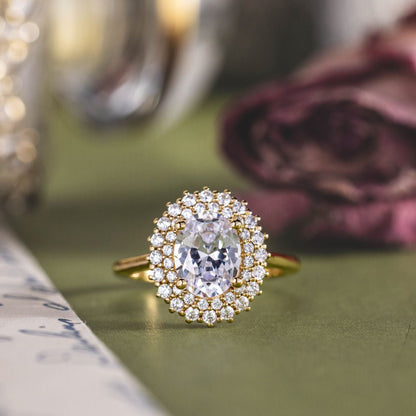 0.7 CT Oval Shaped Double Halo Moissanite Diamond Engagement Ring