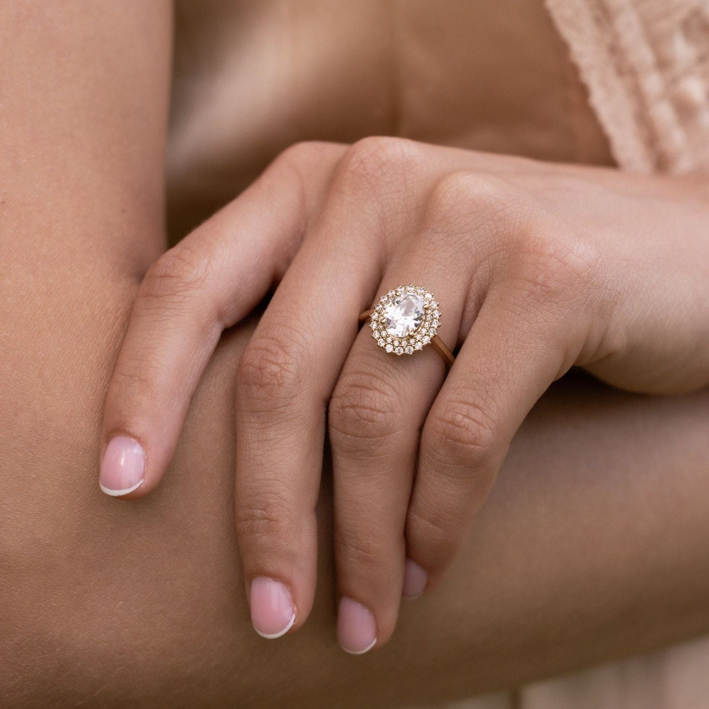 0.7 CT Oval Shaped Double Halo Moissanite Diamond Engagement Ring