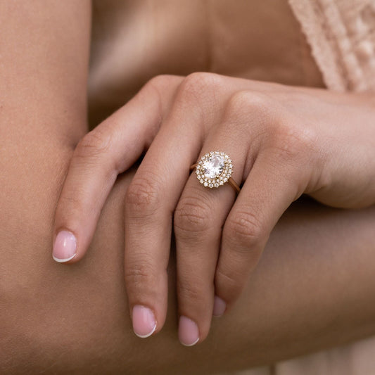 0.7 CT Oval Shaped Double Halo Moissanite Diamond Engagement Ring