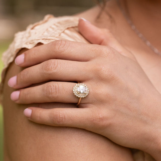 0.7 CT Oval Shaped Double Halo Moissanite Diamond Engagement Ring