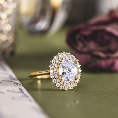 0.7 CT Oval Shaped Double Halo Moissanite Diamond Engagement Ring