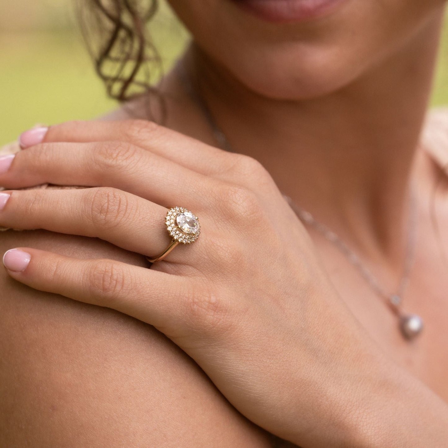 0.7 CT Oval Shaped Double Halo Moissanite Diamond Engagement Ring