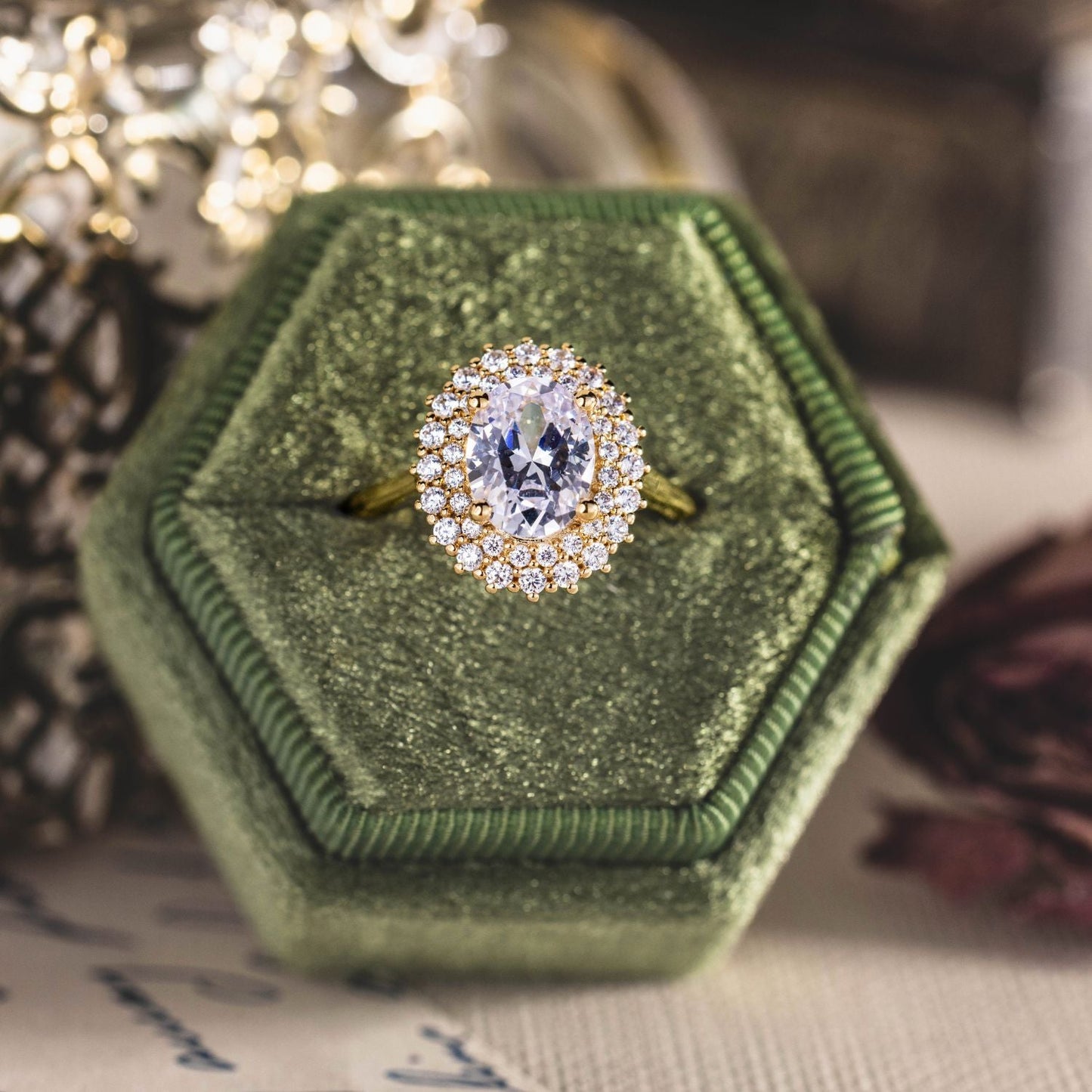 0.7 CT Oval Shaped Double Halo Moissanite Diamond Engagement Ring