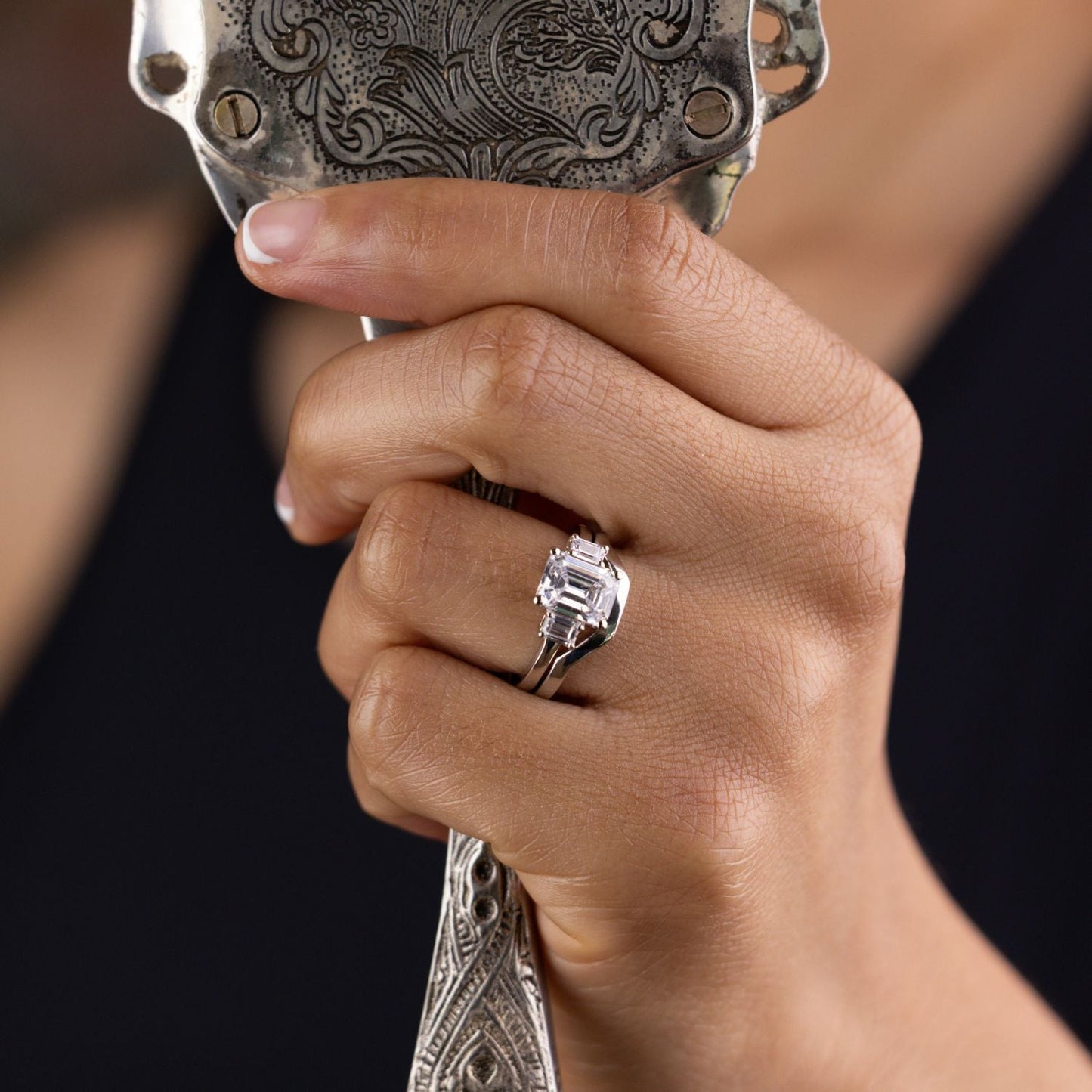 Marquise Shaped Three Stone Lab Grown Diamond Engagement Ring