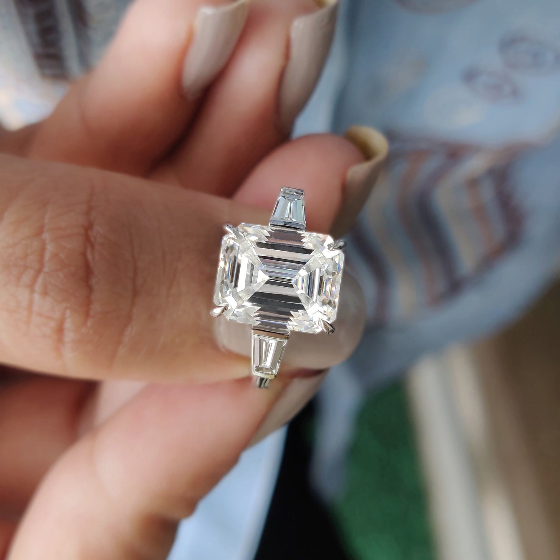 Emerald Cut Moissanite Ring In 3 Stone Style