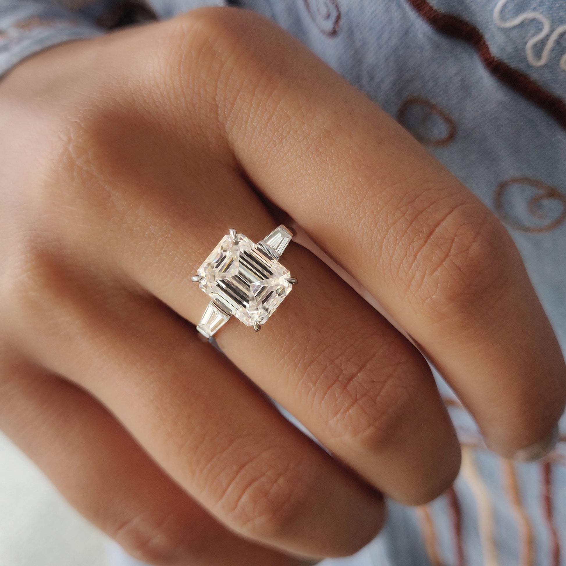 Emerald Cut Moissanite Ring In 3 Stone Style