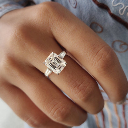 Emerald Cut Moissanite Ring In 3 Stone Style