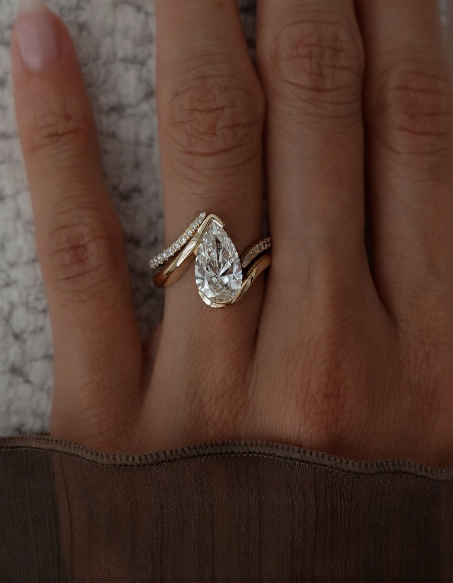 2.5 CT Pear Cut Solitaire Moissanite Ring With Wrap Pave Band