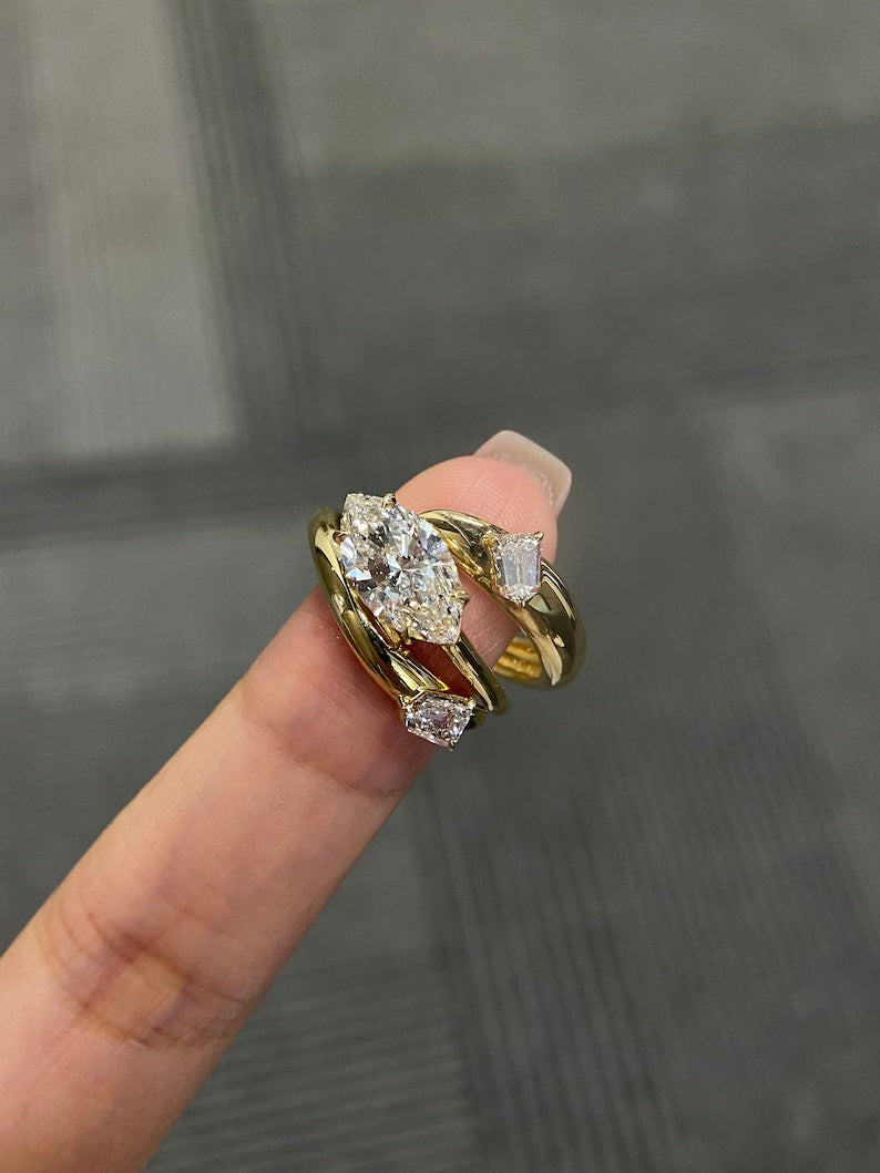 Marquise Shaped Three Stone Lab Grown Diamond Engagement Ring