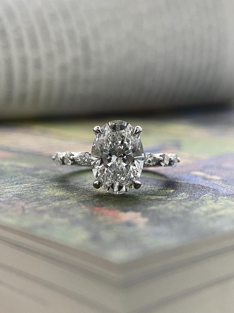Marquise Shaped Three Stone Lab Grown Diamond Engagement Ring
