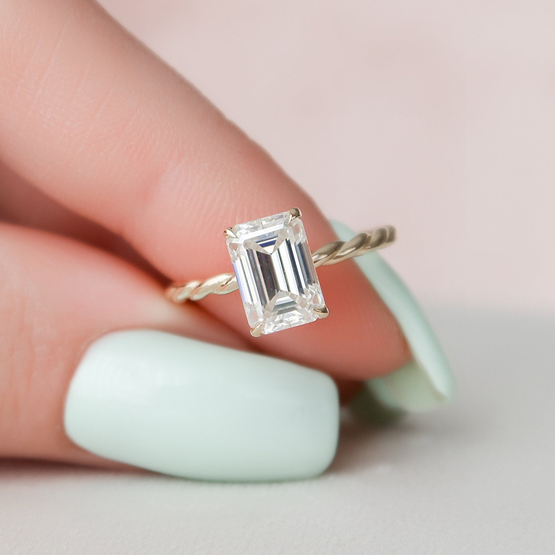 2.0 CT Emerald Twisted Shank Hidden Halo Moissanite Engagement Ring 6