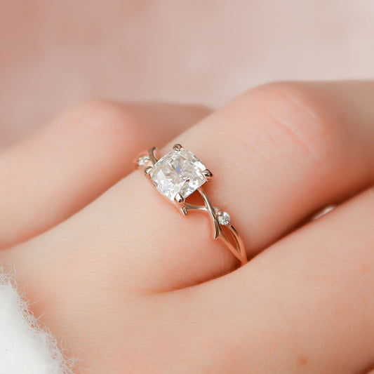 1.0 CT Cushion Twig Pave Setting Moissanite Engagement Ring 2