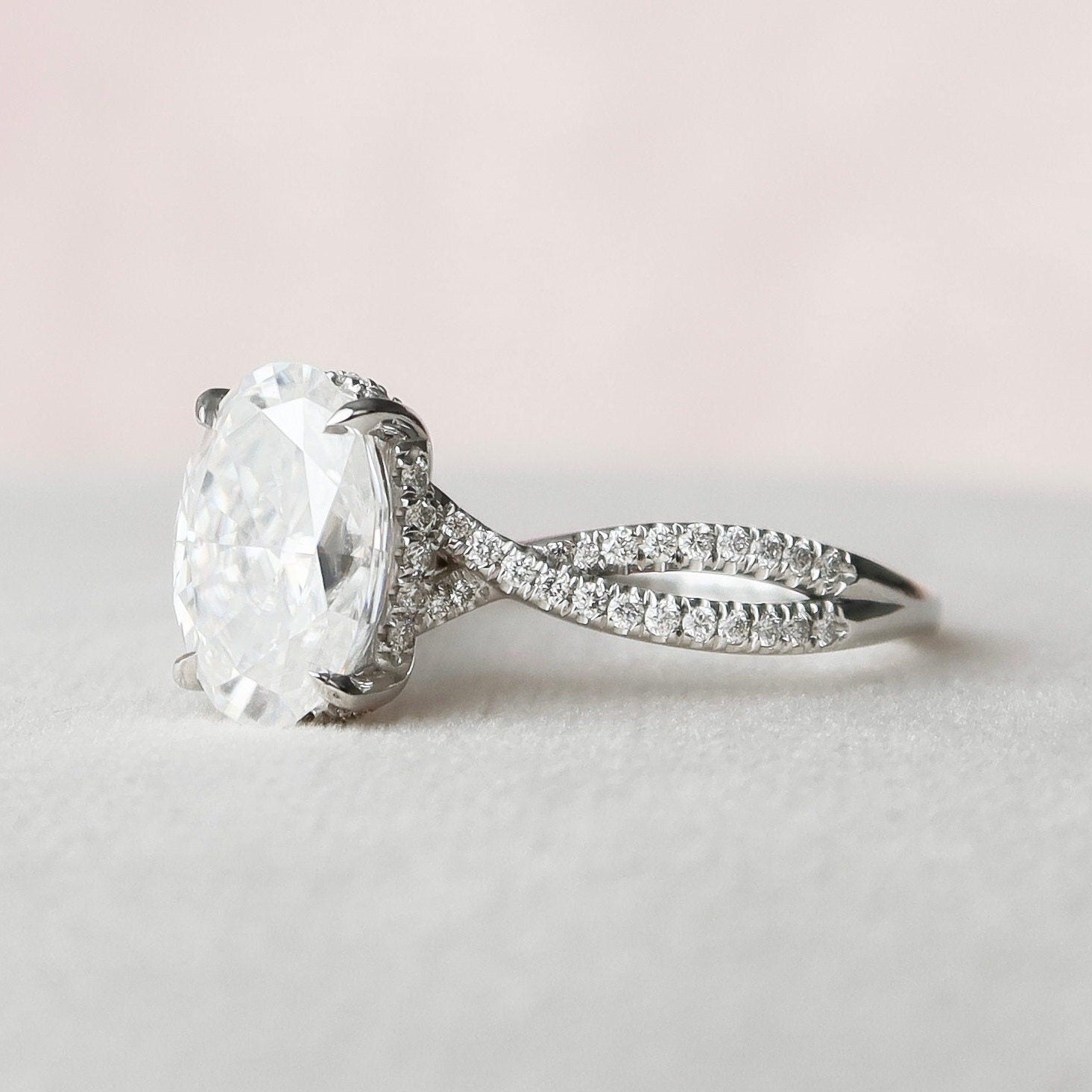 3.0 CT Oval Cut Hidden Halo Criss Cross Pave Moissanite Engagement Ring 3