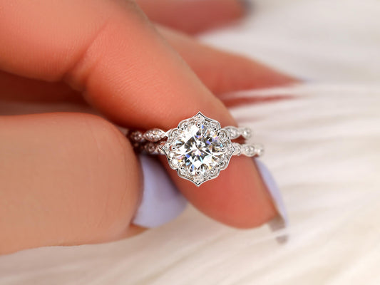 1.7 CT Cushion Cut Floral Halo & Pave Moissanite Bridal Ring Set