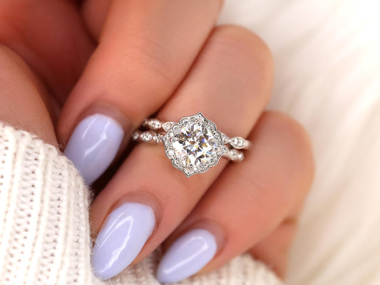 1.7 CT Cushion Cut Floral Halo & Pave Moissanite Bridal Ring Set
