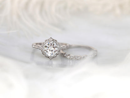 1.7 CT Cushion Cut Floral Halo & Pave Moissanite Bridal Ring Set