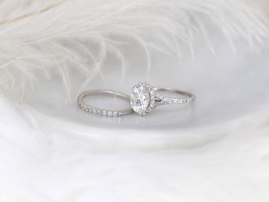 2 CT Oval Cut Halo & Pave Moissanite Bridal Ring Set