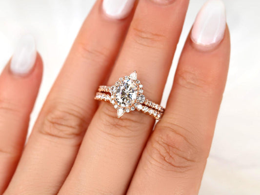 1.5 CT Oval Cut Halo & Pave Moissanite Bridal Ring Set