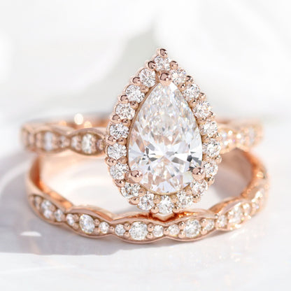 1.2 CT Pear Cut Curved Halo & Pave Moissanite Bridal Ring Set