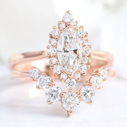 0.7 CT Marquise Cut Halo Style Moissanite Bridal Ring Set