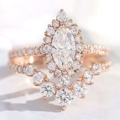 0.7 CT Marquise Cut Curved Pave Moissanite Bridal Ring Set