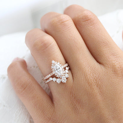 0.7 CT Marquise Cut Curved Pave Moissanite Bridal Ring Set