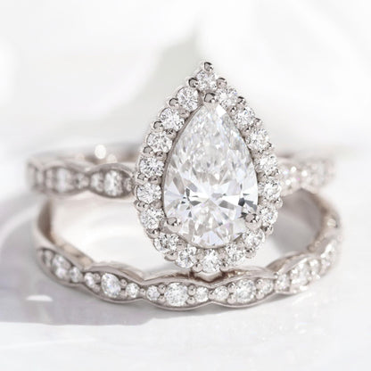 1.2 CT Pear Cut Curved Halo & Pave Moissanite Bridal Ring Set