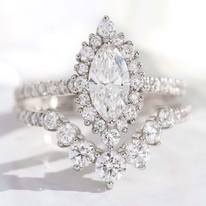 0.7 CT Marquise Cut Curved Pave Moissanite Bridal Ring Set