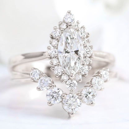 0.7 CT Marquise Cut Halo Style Moissanite Bridal Ring Set