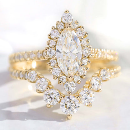 0.7 CT Marquise Cut Curved Pave Moissanite Bridal Ring Set